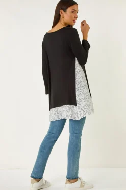 Roman Black Polka Dot Side Split Tunic Top