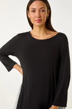 Roman Black Polka Dot Side Split Tunic Top