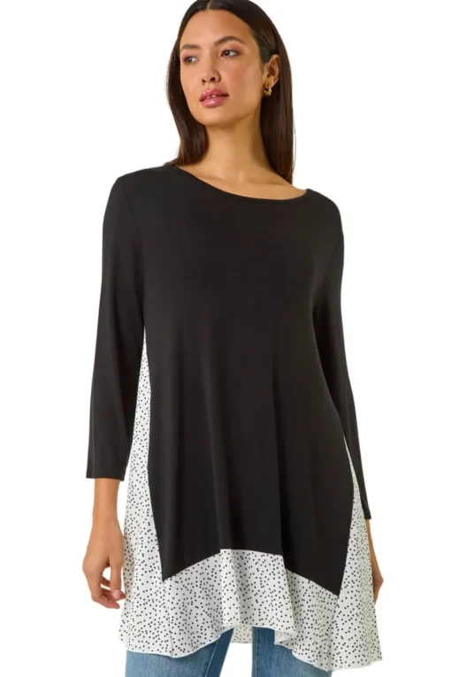 Roman Black Polka Dot Side Split Tunic Top