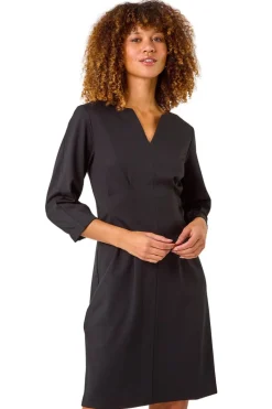 Roman Black Ponte Notch Neck Midi Dress