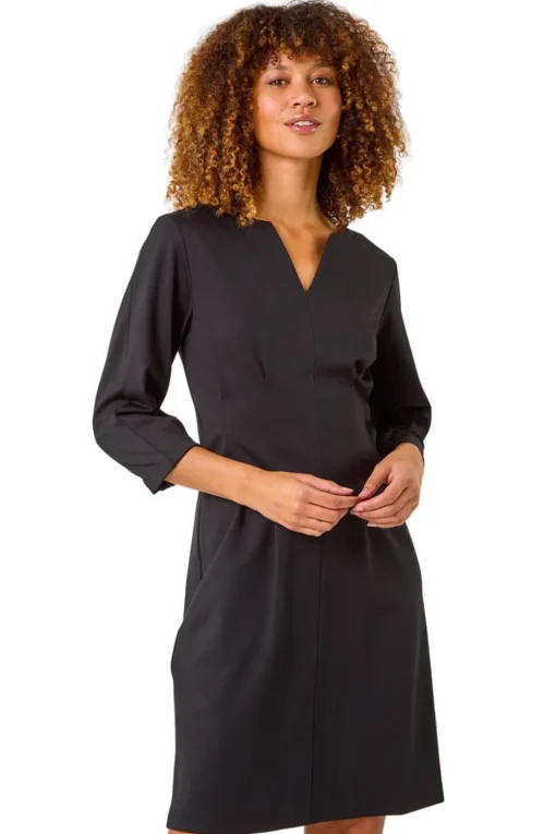 Roman Black Ponte Notch Neck Midi Dress