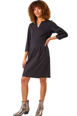 Roman Black Ponte Notch Neck Midi Dress