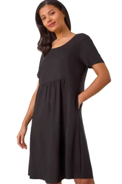 Roman Black Relaxed Cotton Blend Pocket Dress