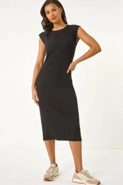 Roman Black Ribbed Cap Sleeve Midi Dress