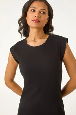 Roman Black Ribbed Cap Sleeve Midi Dress