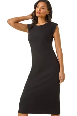 Roman Black Ribbed Cap Sleeve Midi Dress