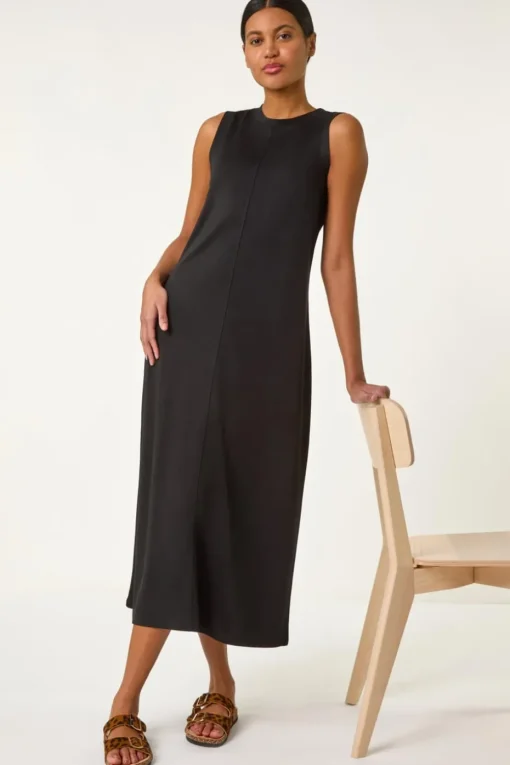 Roman Black Sandwash Stretch Midi Dress