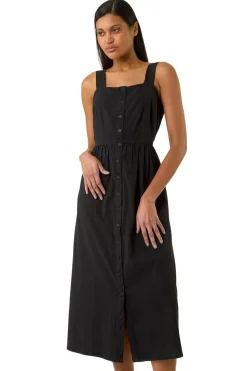 Roman Black Seersucker Button Midi Sundress
