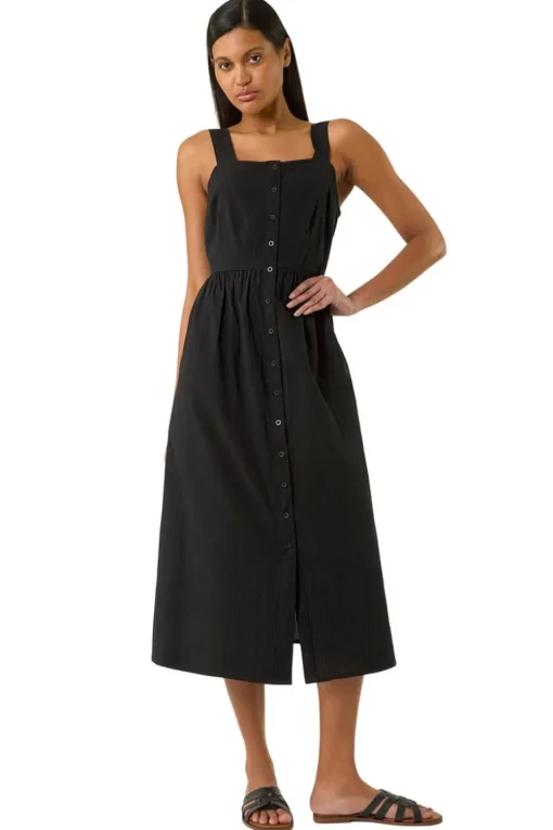 Roman Black Seersucker Button Midi Sundress