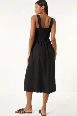 Roman Black Seersucker Button Midi Sundress