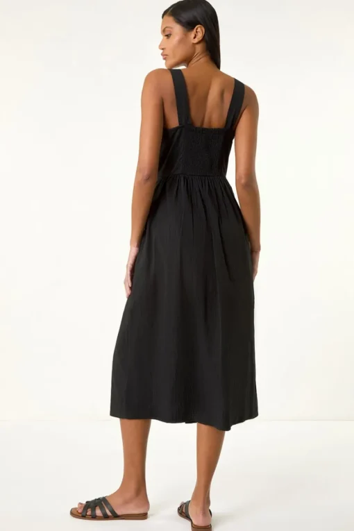 Roman Black Seersucker Button Midi Sundress
