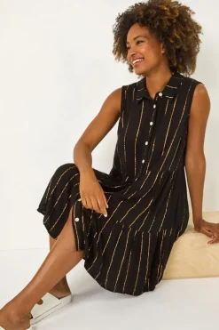Roman Black Shimmer Buttoned Shirt Dress