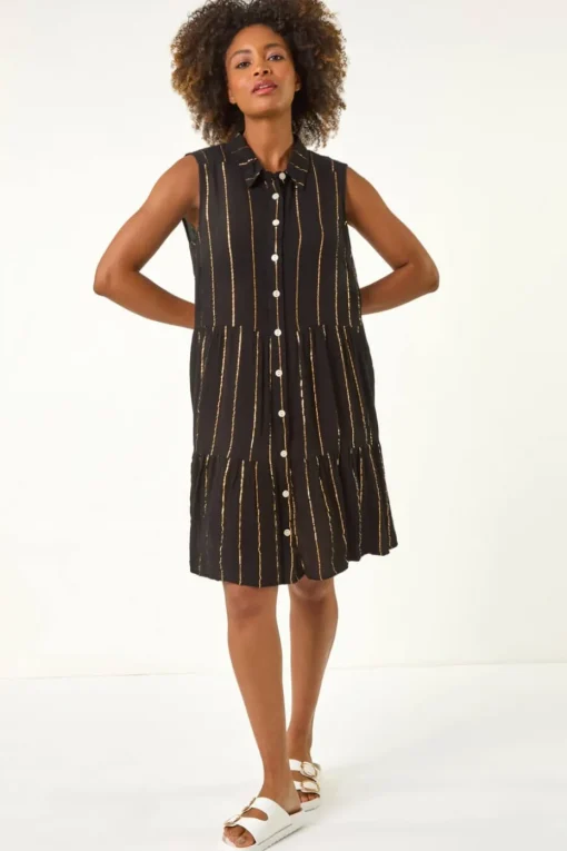 Roman Black Shimmer Buttoned Shirt Dress