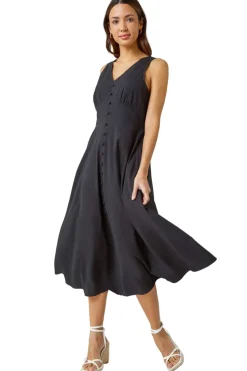 Roman Black Sleeveless Button Detail Cotton Midi Dress