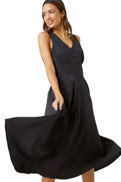 Roman Black Sleeveless Button Detail Cotton Midi Dress