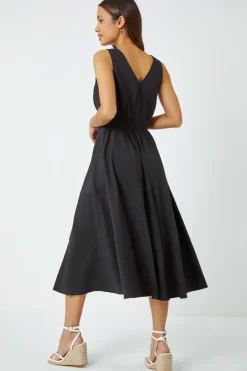 Roman Black Sleeveless Button Detail Cotton Midi Dress