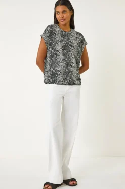 Roman Black Snake Print Bubble Hem Top