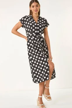 Roman Black Spot Print Belted Midi Dress