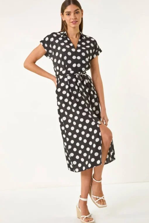 Roman Black Spot Print Belted Midi Dress