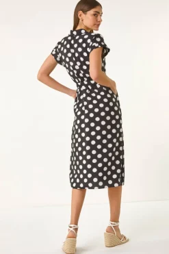 Roman Black Spot Print Belted Midi Dress