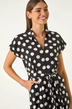Roman Black Spot Print Belted Midi Dress