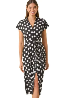 Roman Black Spot Print Belted Midi Dress