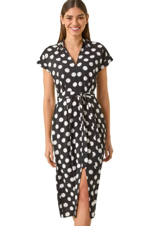 Roman Black Spot Print Belted Midi Dress