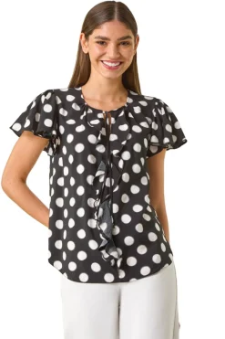 Roman Black Spot Print Ruffle Tie Front Top