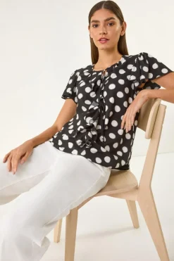 Roman Black Spot Print Ruffle Tie Front Top