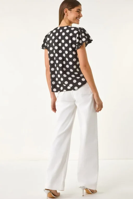 Roman Black Spot Print Ruffle Tie Front Top