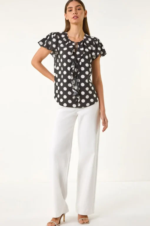 Roman Black Spot Print Ruffle Tie Front Top