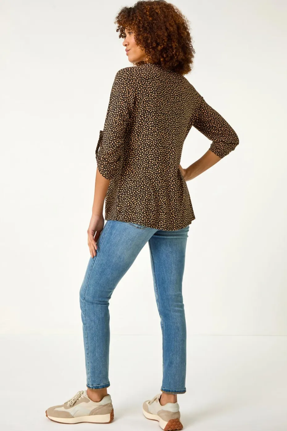 Roman Black Spot Print V-Neck Stretch Shirt