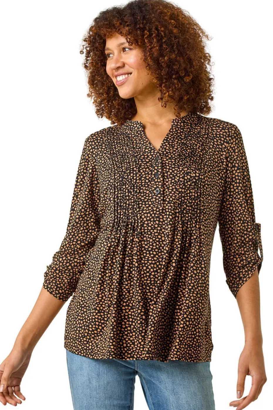 Roman Black Spot Print V-Neck Stretch Shirt