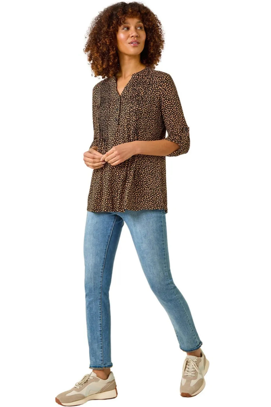 Roman Black Spot Print V-Neck Stretch Shirt