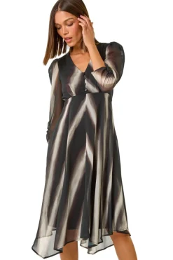 Roman Black Stripe Print V-Neck Hanky Hem Midi Dress