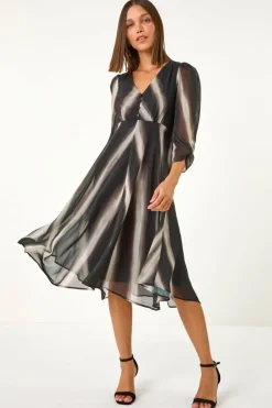 Roman Black Stripe Print V-Neck Hanky Hem Midi Dress