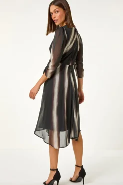 Roman Black Stripe Print V-Neck Hanky Hem Midi Dress