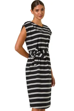 Roman Black Stripe Tie Side Stretch Midi Dress