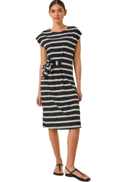 Roman Black Stripe Tie Side Stretch Midi Dress