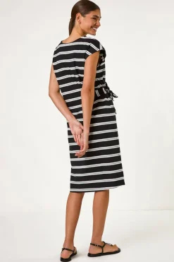 Roman Black Stripe Tie Side Stretch Midi Dress
