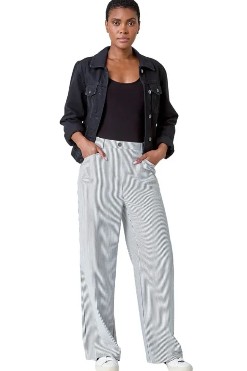 Roman Black Stripe Wide Leg Stretch Trousers