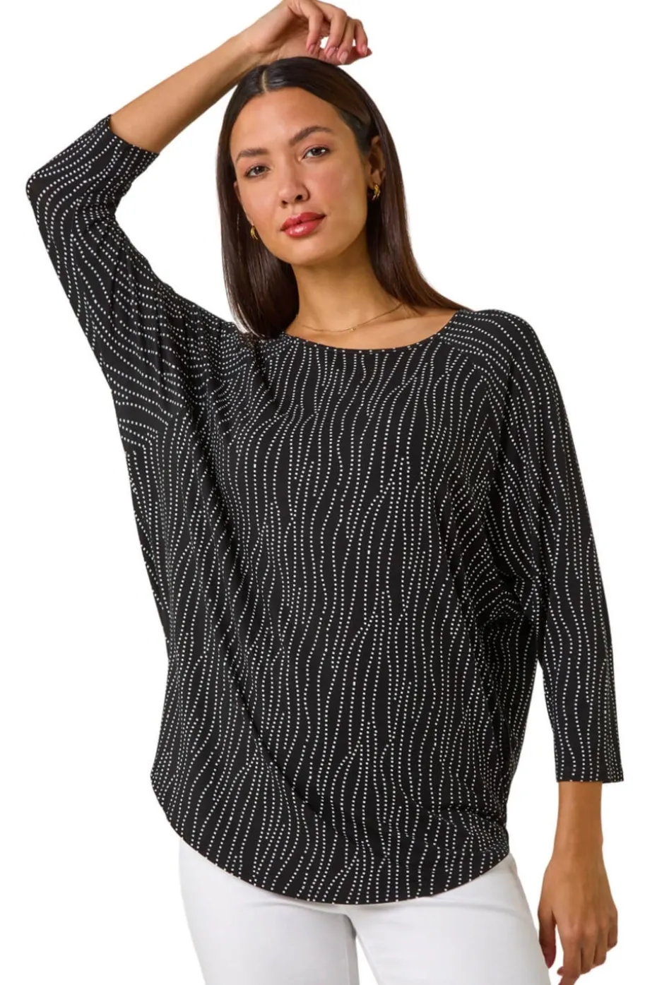 Roman Black Swirl Spot Print Stretch Top