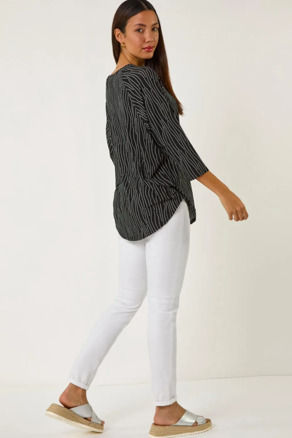 Roman Black Swirl Spot Print Stretch Top