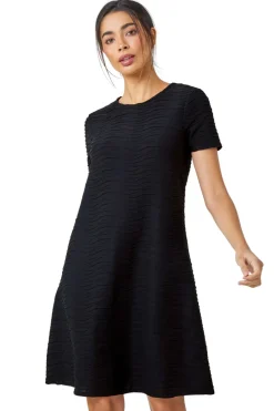 Roman Black Textured A-Line Skater Stretch Dress