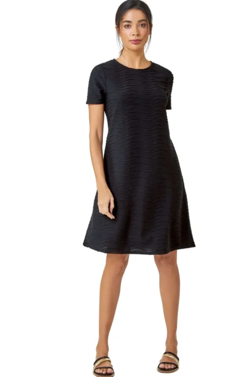 Roman Black Textured A-Line Skater Stretch Dress