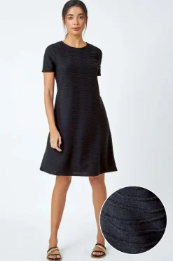 Roman Black Textured A-Line Skater Stretch Dress