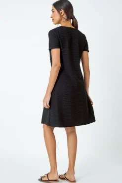 Roman Black Textured A-Line Skater Stretch Dress