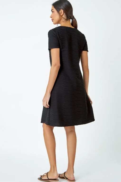Roman Black Textured A-Line Skater Stretch Dress