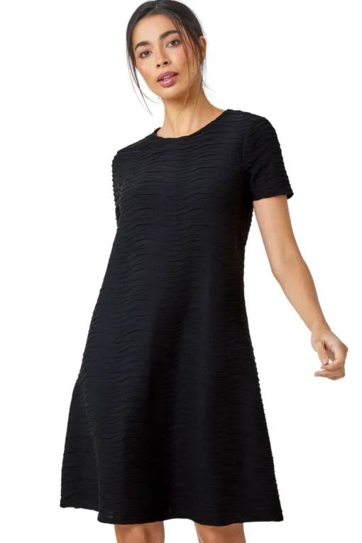 Roman Black Textured A-Line Skater Stretch Dress