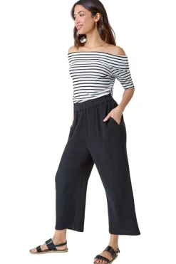 Roman Black Textured Cotton Elastic Waist Culotte Trousers